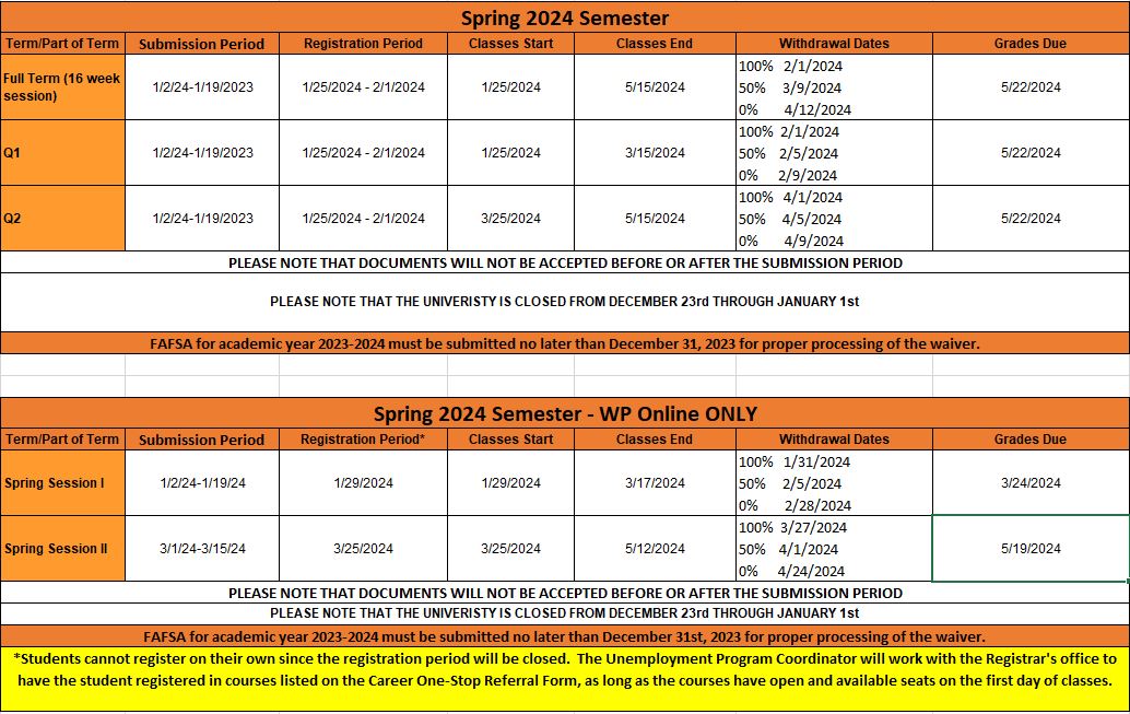 Spring 2024 UE calendar